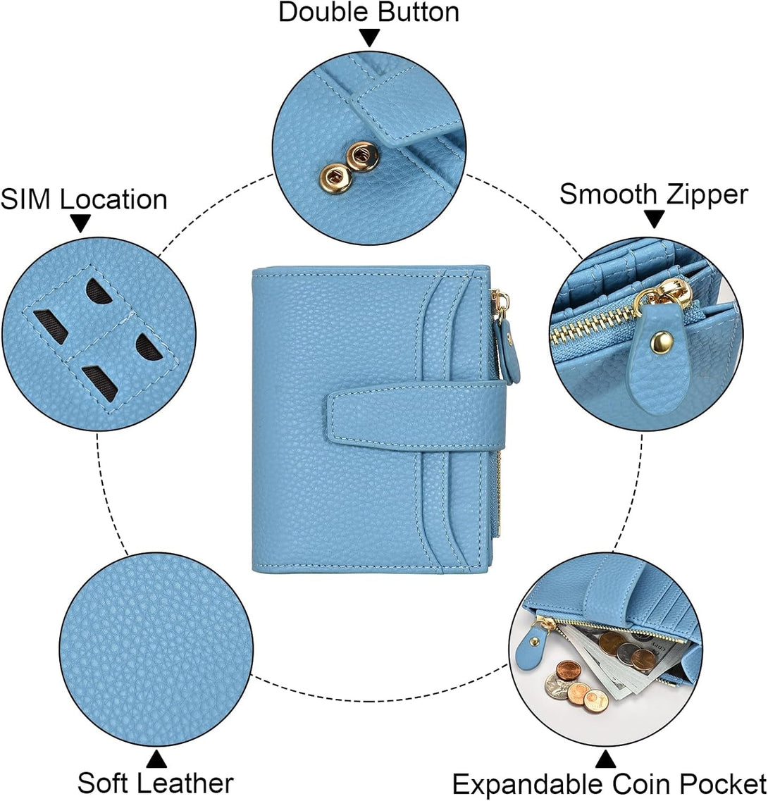 Oscaurt Small Wallet Women RFID Blocking Bifold Compact Credit Card Holder Leather Wallets for Women with Zipper Coin Pocket and 2 ID Window (Blue)