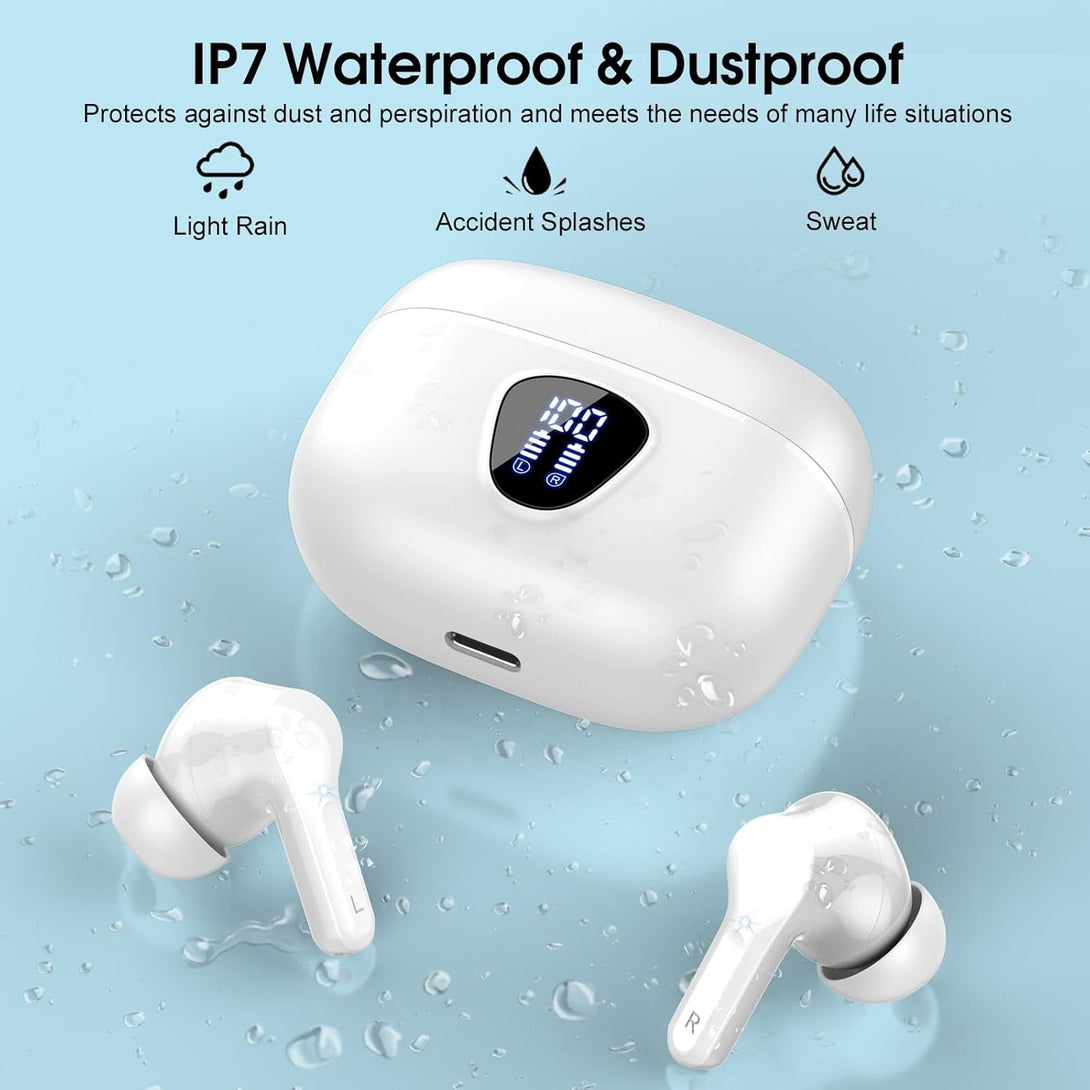 Wireless Earbuds, Bluetooth 5.4 Headphones Hifi Stereo, Bluetooth Earbuds with ENC Noise Cancelling Mic, IP7 Waterproof in Ear Earphones, 48H, LED Display Ear Buds for Pad Phone Workout Sports, White