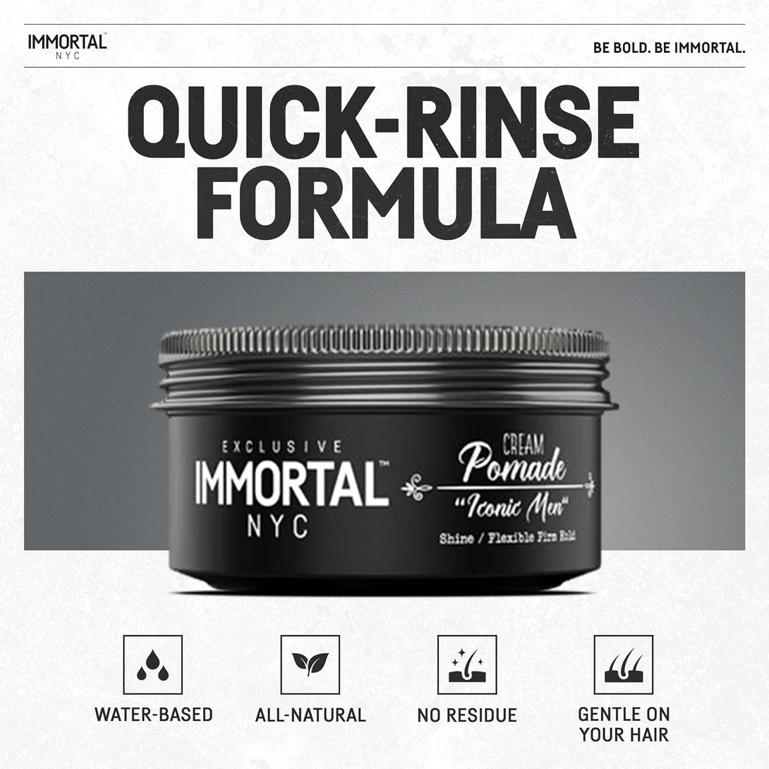 Immortal NYC Iconic Men Cream Pomade - Flex Medium/Stong Hold - Low Shine All Natural Water-Based Hair Cream Pomade for Men - No Residue, All Hair Types