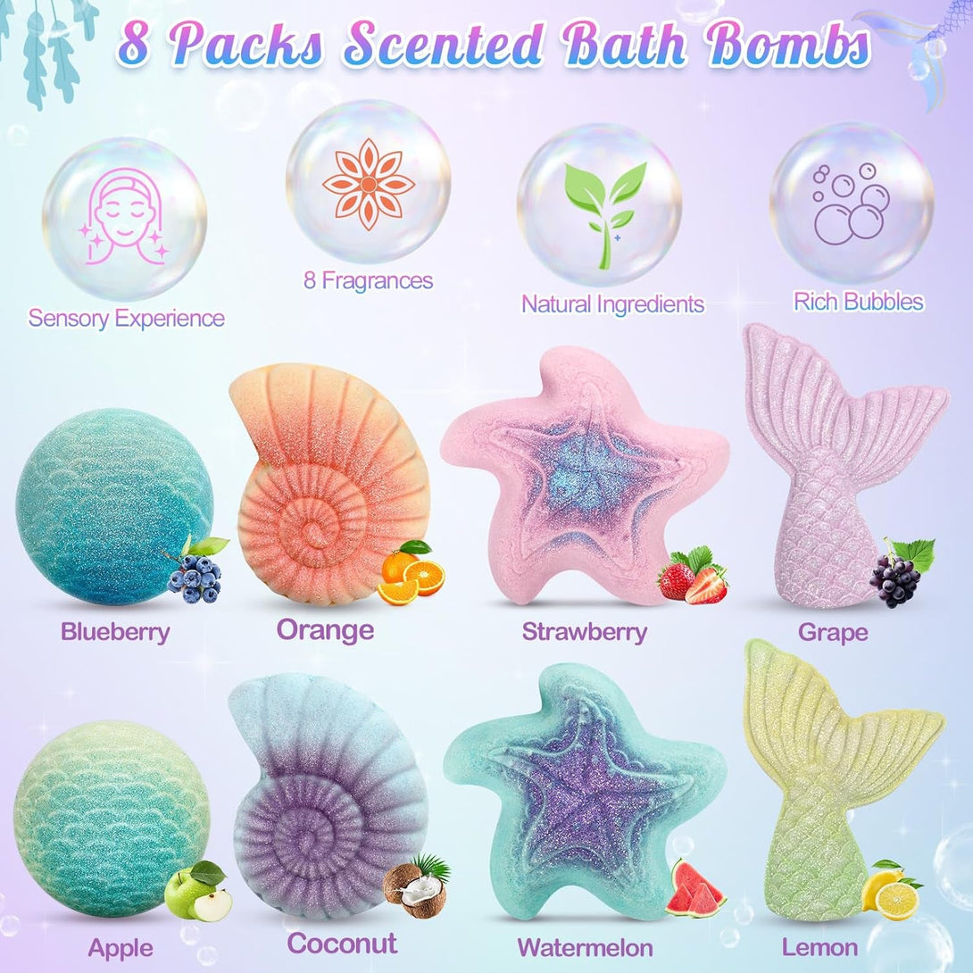 Mermaid Bath Bombs for Kids with Surprise Toys Inside, 8 Pcs Organic Natural Bubble Bath Bombs for Girls,Christmas Birthday Gift for 3 4 5 6 7 8 Year Old Girl,Princess Bath Bomb Kit with Mermaid Toys