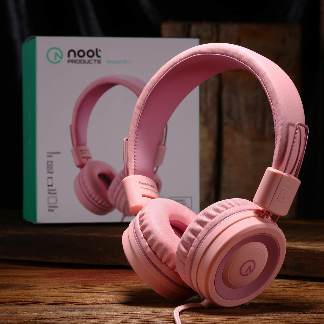 Noot Products Kids Headphones K11 Foldable Stereo Tangle-Free 5Ft Long Cord 3.5Mm Jack Plug in Wired On-Ear Headset for Ipad/Girls/Boys/School/Laptop/Travel/Plane/Tablet-Soft Pink
