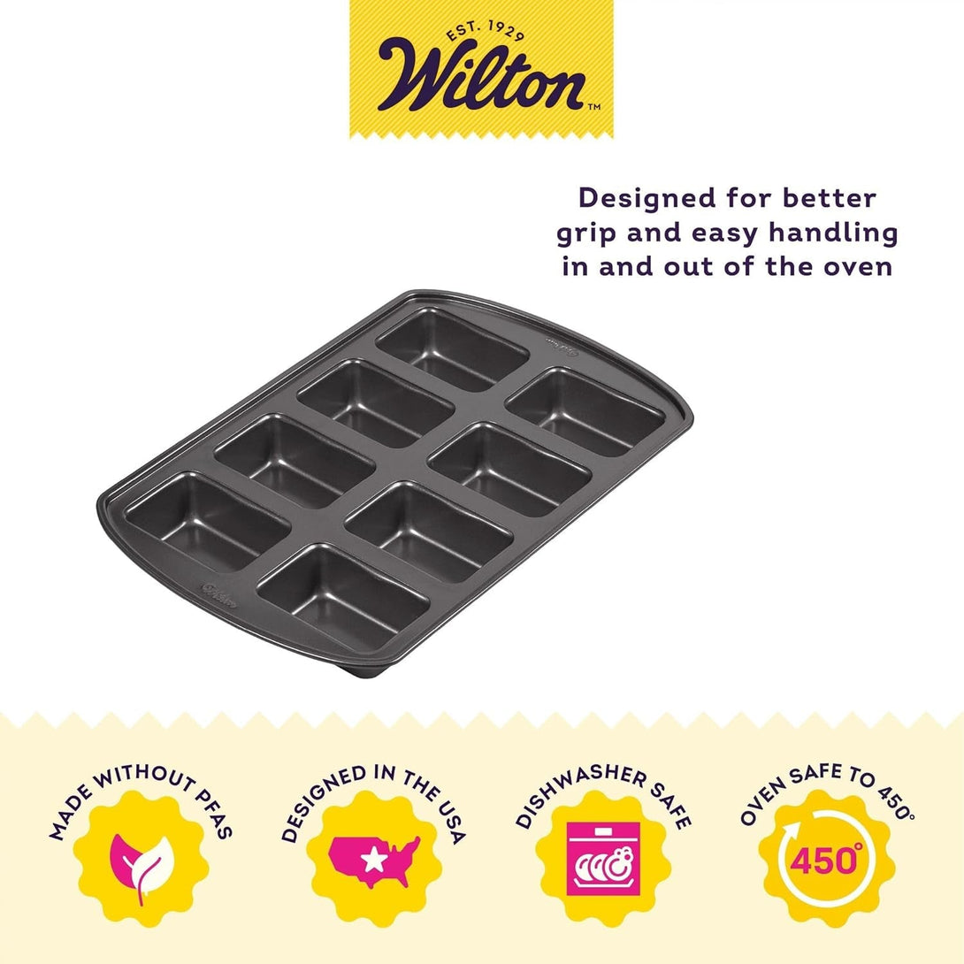 Wilton Gold Premium Non-Stick Warp-Resistant Bakeware, Made without Pfas, Mini Loaf Pan, 8-Cavity, 15 X 10 X 1.5 In, Packaging May Vary