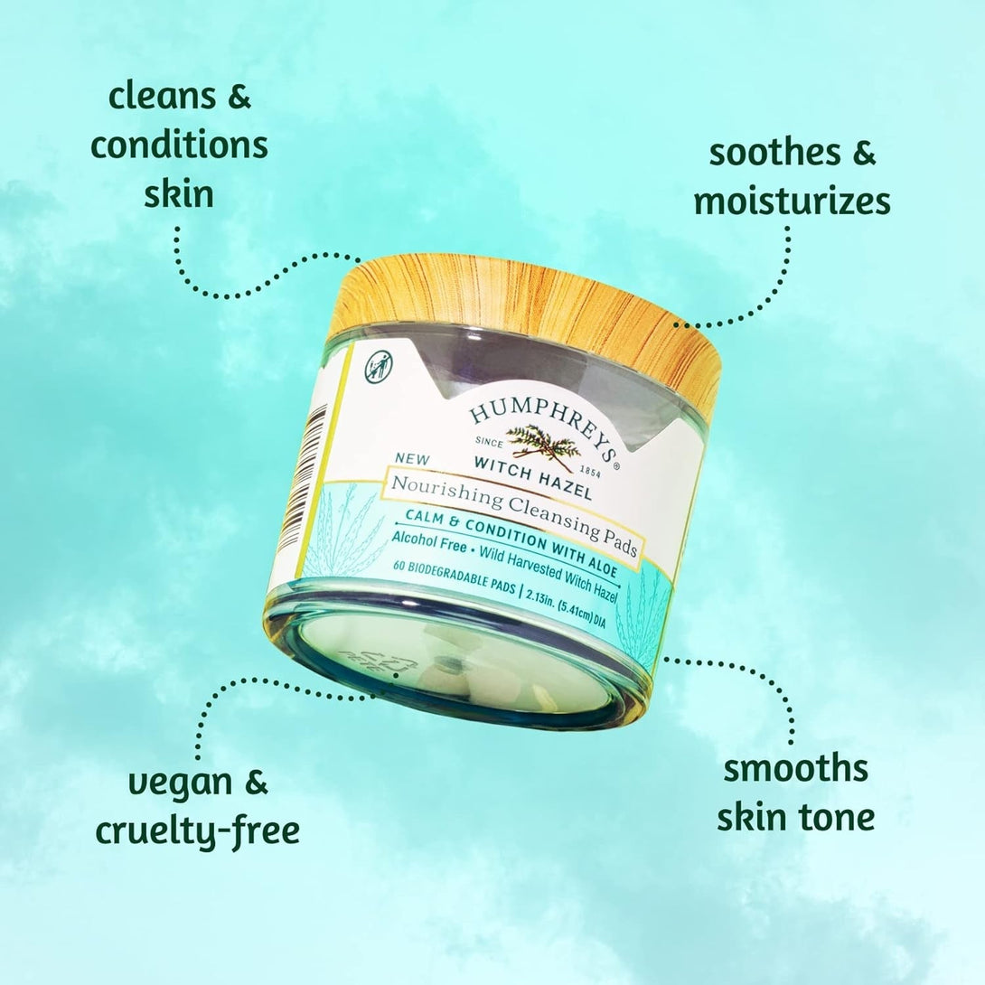 Humphreys Witch Hazel Nourishing Cleansing Pads | Wild Harvested Witch Hazel & Aloe | Alcohol-Free | Natural | Hydrating | Biodegradable | 60 Pads