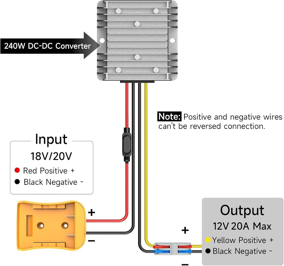 20V to 12V Step down Converter for Dewalt 20V Power Wheels Battery Adapter, DC 12V 20A 240W Buck Converter Regulator with 30A Fuse & Wire Terminal