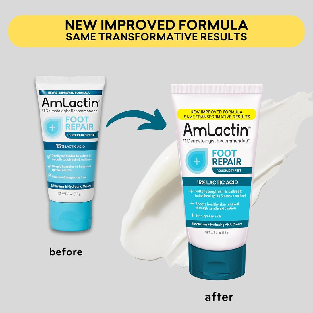 Amlactin Foot Repair Cream - 3 Oz Cream for Dry Cracked Heels with 15% Lactic Acid - Exfoliator and Moisturizer for Dry Skin (Packaging May Vary)