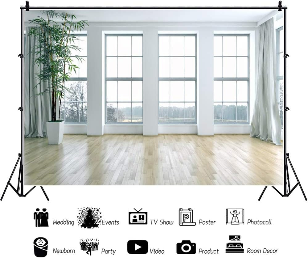 DASHAN 8X6Ft Polyester Boudoir Living Room Backdrop Window Wood Floor Zoom Meeting Modern Home Interior Office Photography Background Bridal Shower Wedding Birthday Youtube Video Photo Props