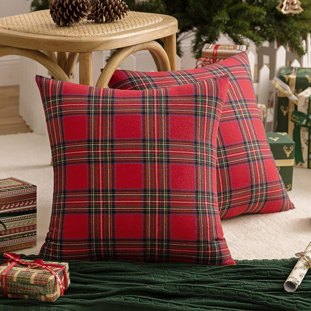 AQOTHES Pack of 2 Christmas Plaid Decorative Throw Pillow Covers Scottish Tartan Cushion Case for Farmhouse Home Holiday Decor Red and Green, 18 X 18 Inches