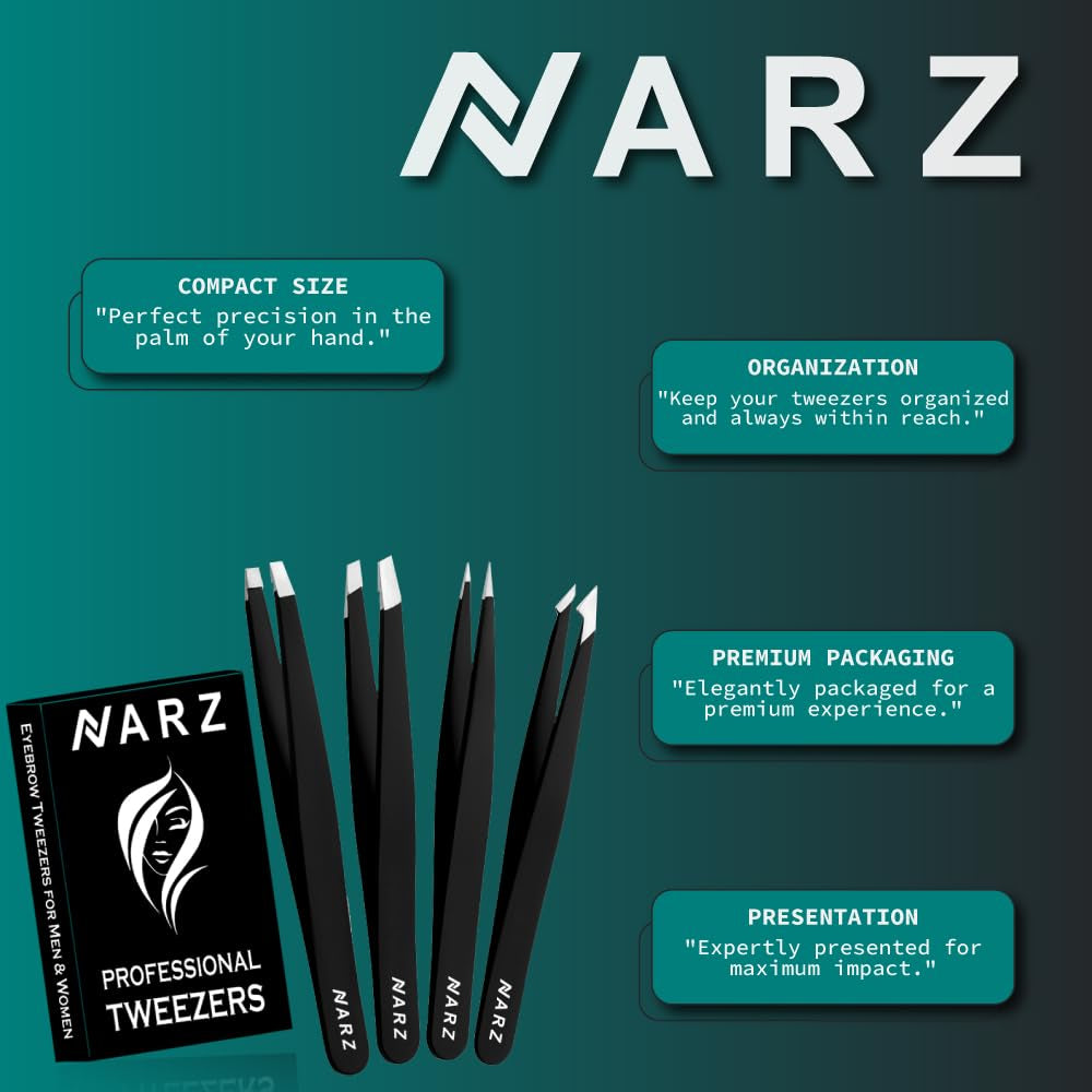 NARZ 4Pcs Professional Tweezers for Women Facial Hair Stainless Steel Precision Tweezers for Ingrown Hair Eyebrow Tweezer for Men & Women (Black Set)