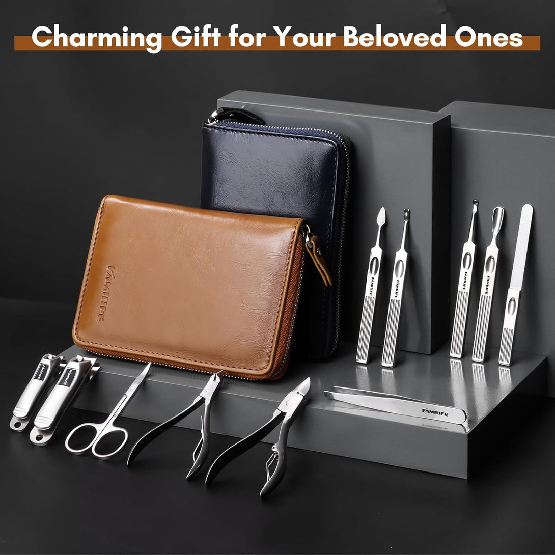 FAMILIFE Manicure Set, Professional Manicure Kit Nail Clippers Set 11 in 1 Stainless Steel Pedicure Tools Kit Nail Kit Men Grooming Kit with Portable Brown Leather Travel Case Luxury Gifts for Him