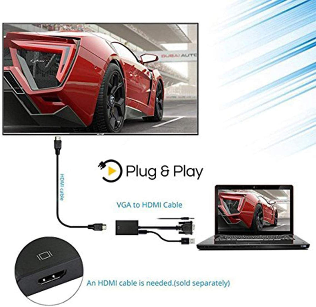 ONTEN VGA to HDMI, 1080P VGA to HDMI Adapter (Male to Female) for Computer, Desktop, Laptop, PC, Monitor, Projector, HDTV with Audio Cable and USB Cable (Black)