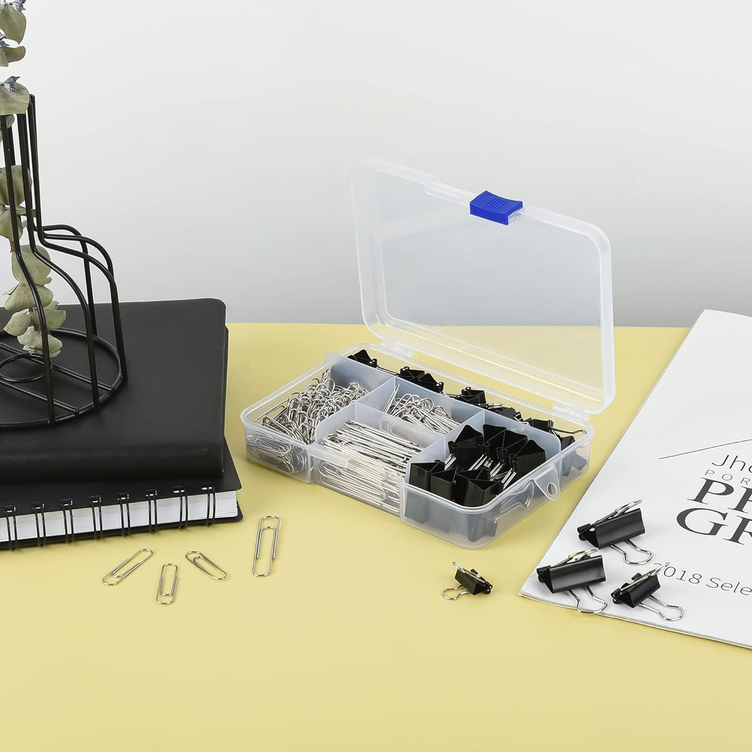 Assorted Size Binder Clips & Jumbo Paper Clips Set - 340Pcs Black, Large for Office & School Supplies, in Container with Compartments