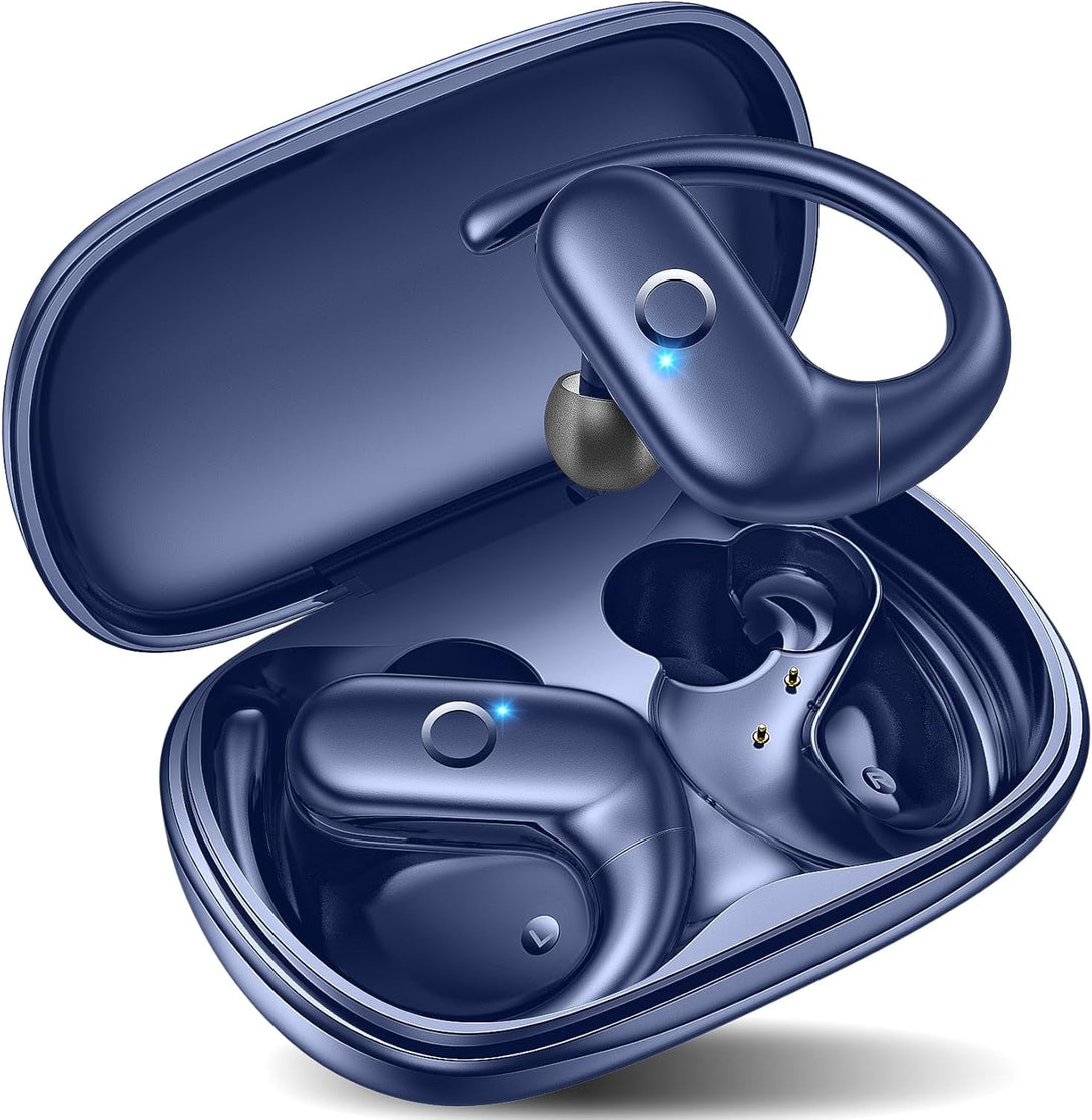 Kurdene Wireless Earbuds Bluetooth Headphones Sport,Over Ear Buds with Deep Bass Sound,60Hrs Playtime Earphones Redesigned Comfort Fit with Earhooks for Running,Meeting,Workout-Blue