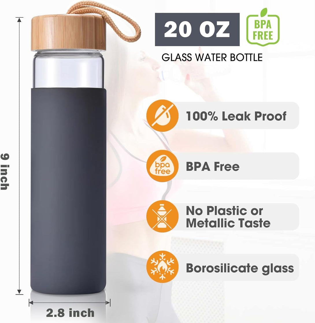 20 Oz Borosilicate Glass Water Bottle with Bamboo Lid and Silicone Sleeve – Reusable BPA Free Drinking Bottle with Lids - Cute Bottle for Women - Glass Shaker Bottle (Charcoal Grey)