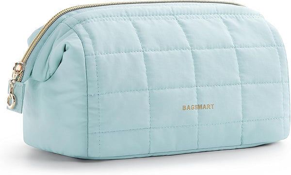 BAGSMART Makeup Bag Travel Toiletry Bag, Puffy Padded Make up Bags for Women Makeup Organizer Case, Wide-Open Pouch Purse Travel Essentials Toiletries Accessories Brushes, Light Blue