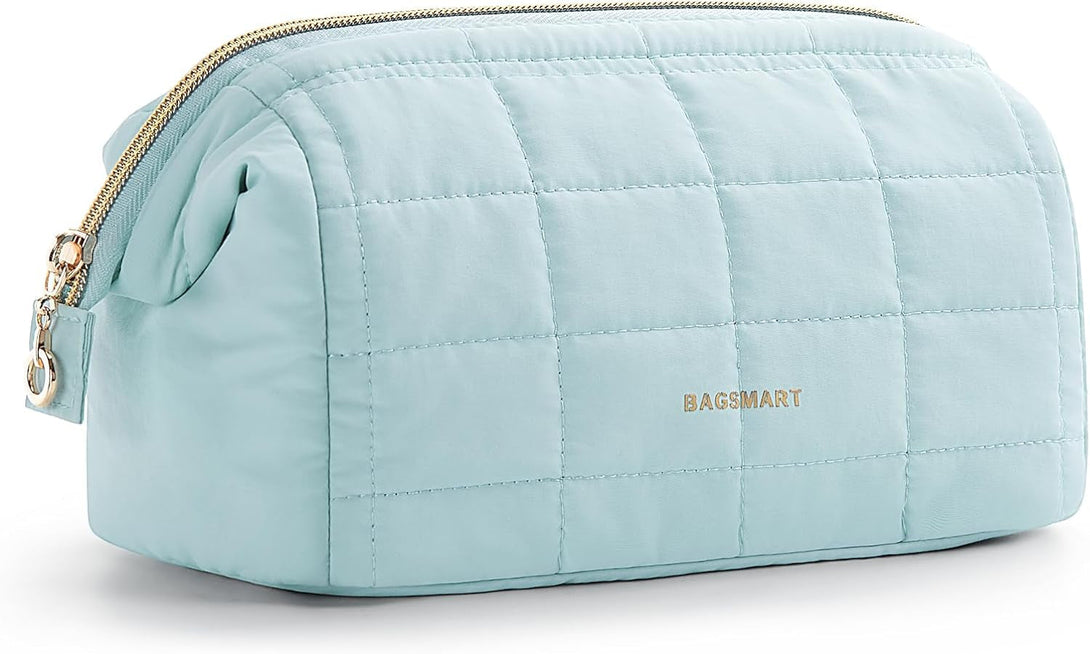 BAGSMART Makeup Bag Travel Toiletry Bag, Puffy Padded Make up Bags for Women Makeup Organizer Case, Wide-Open Pouch Purse Travel Essentials Toiletries Accessories Brushes, Light Blue