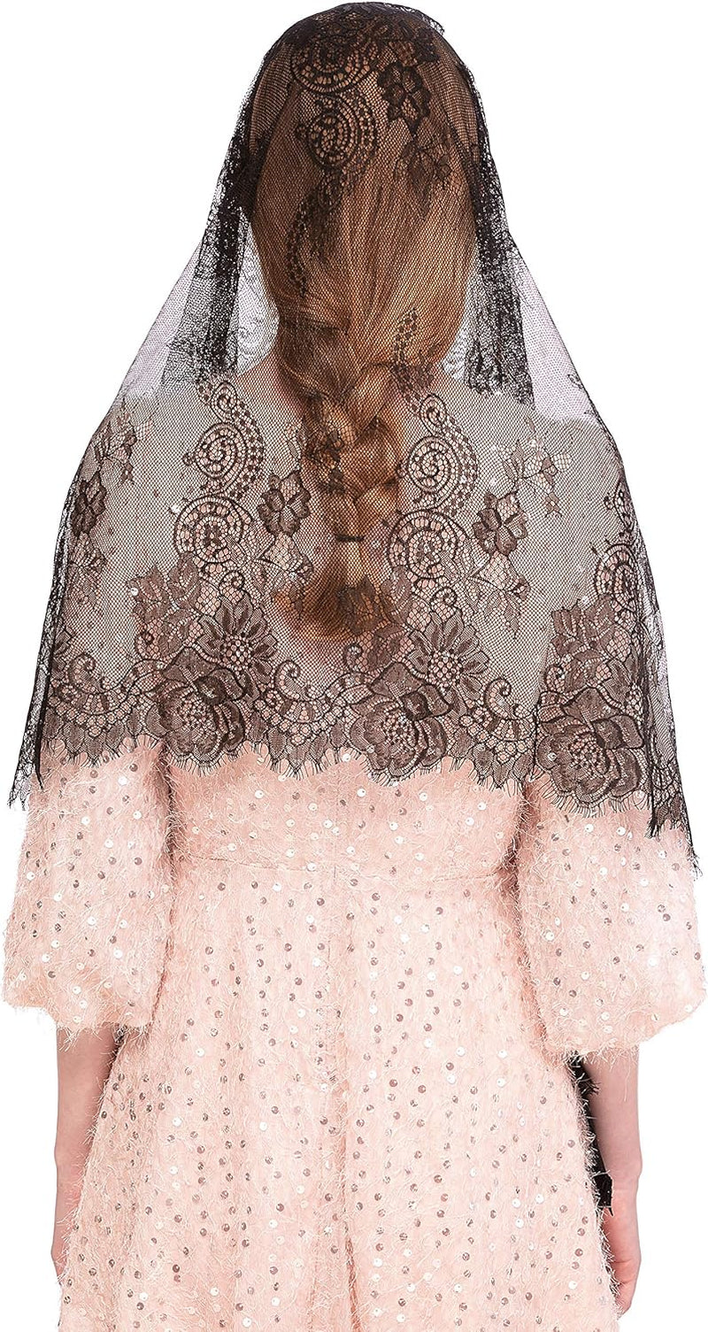 PAMOR Chapel Veil Spanish Lace Floral Mantilla Veils Wrap Shawl Mass Head Covering Rectangular Shape