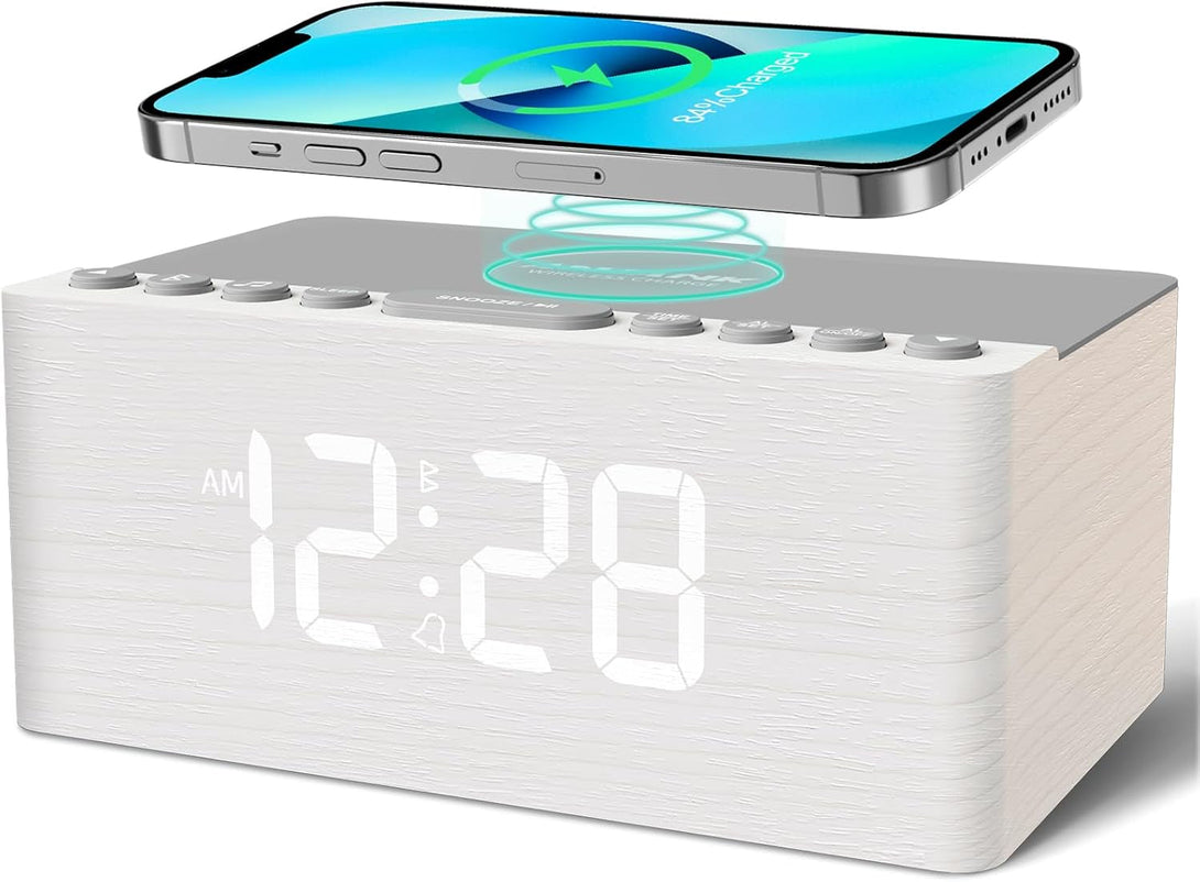 ANJANK Wooden Sound Machine Alarm Clock for Bedroom, Bluetooth Speaker, 20 Soothing Sounds, 0-100% Dimmer, Wireless Charging Station for Iphone/Samsung, Sleep Timer, White Noise Machine for Sleeping
