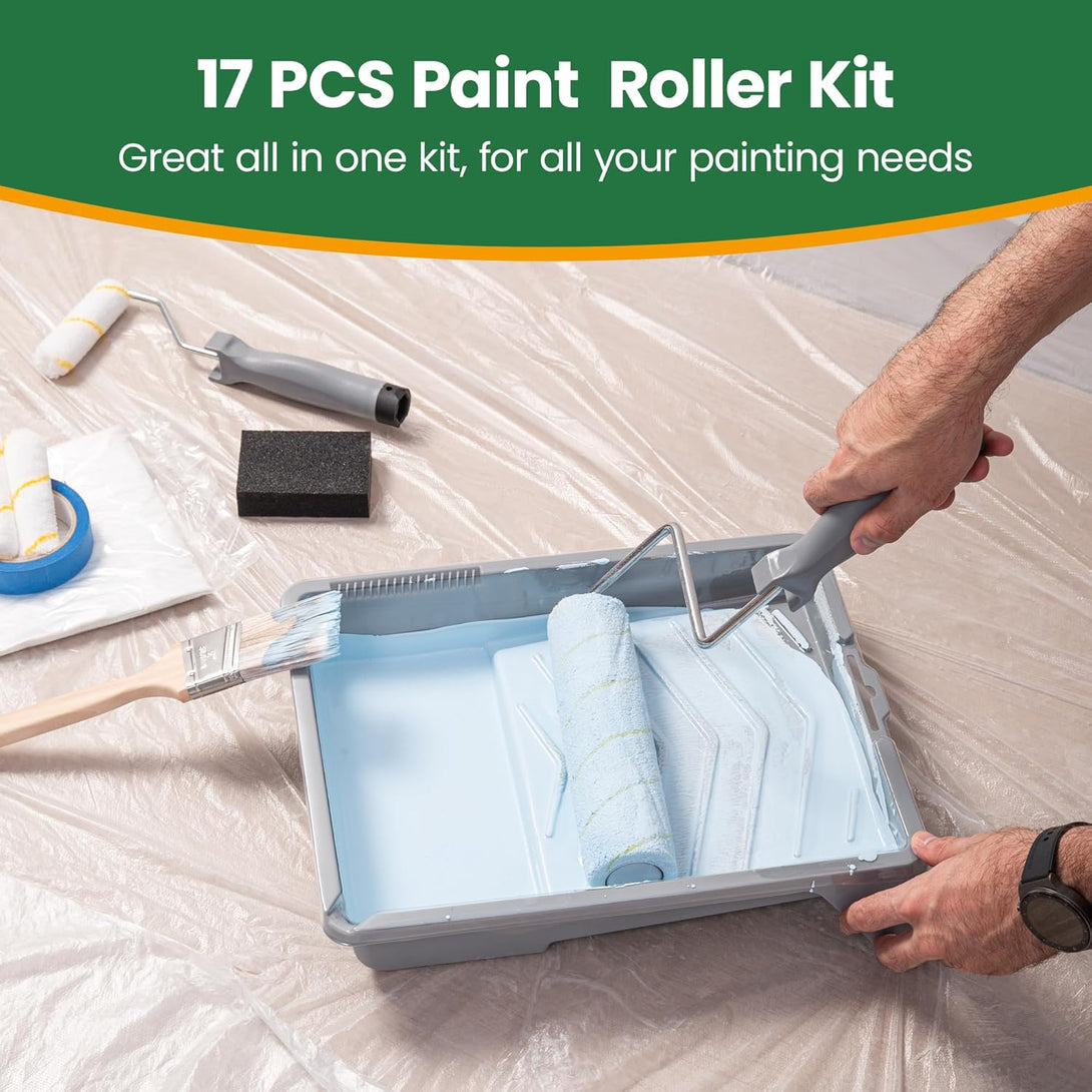 17 Piece Paint Roller Kit - Paint Rollers 9"4", Paint Roller Frame，Paint Trays, Microfiber Roller Cover, Paint Kit for House Painting,Paint Brushes for Painting Walls