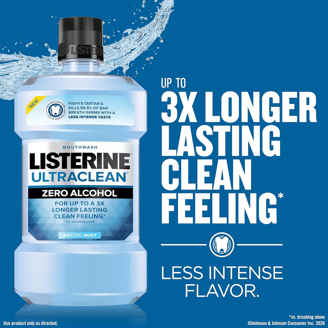 Listerine Ultraclean Zero Alcohol Tartar Control Mouthwash, Oral Rinse to Help Fight Bad Breath and Tartar, for Cleaner, Naturally White Teeth, Less Intense Arctic Mint Taste, 1 L