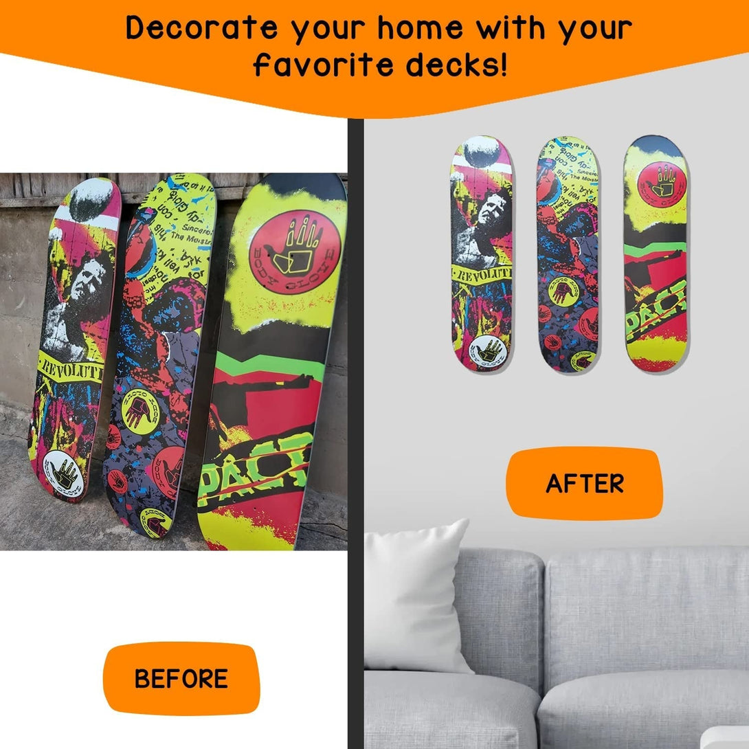 6 Packs Skateboard Wall Mount Aluminum Skateboard Hanger with Two Screw Holes for Display Skateboard Deck Storage Horizontal and Floats Vertically - Silver