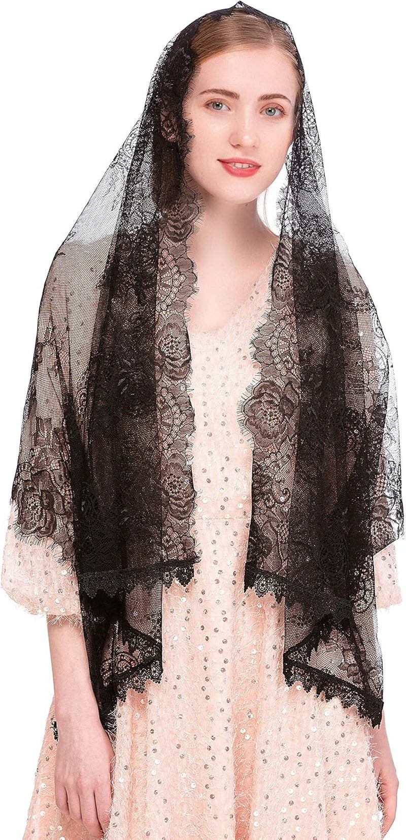 PAMOR Chapel Veil Spanish Lace Floral Mantilla Veils Wrap Shawl Mass Head Covering Rectangular Shape