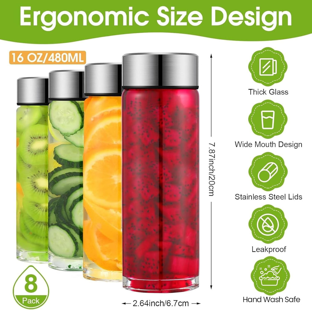 8 Pcs Wide Mouth Glass Water Bottles Reusable Glass Bottles with Lids Leakproof Juice Jars with Lids for Fridge Milk Juicing Smoothies Infused Water Beverage Kombucha Tea Drinking (Silver,16 Oz)