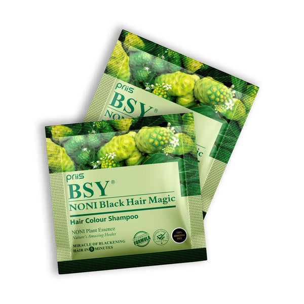 BSY Noni Black Hair Magic Hair Color Shampoo (12Ml X 6 Sachets) | Ammonia-Free Natural Permanent Hair Color for Men and Women | 5 Minutes Noni Fruit Dye