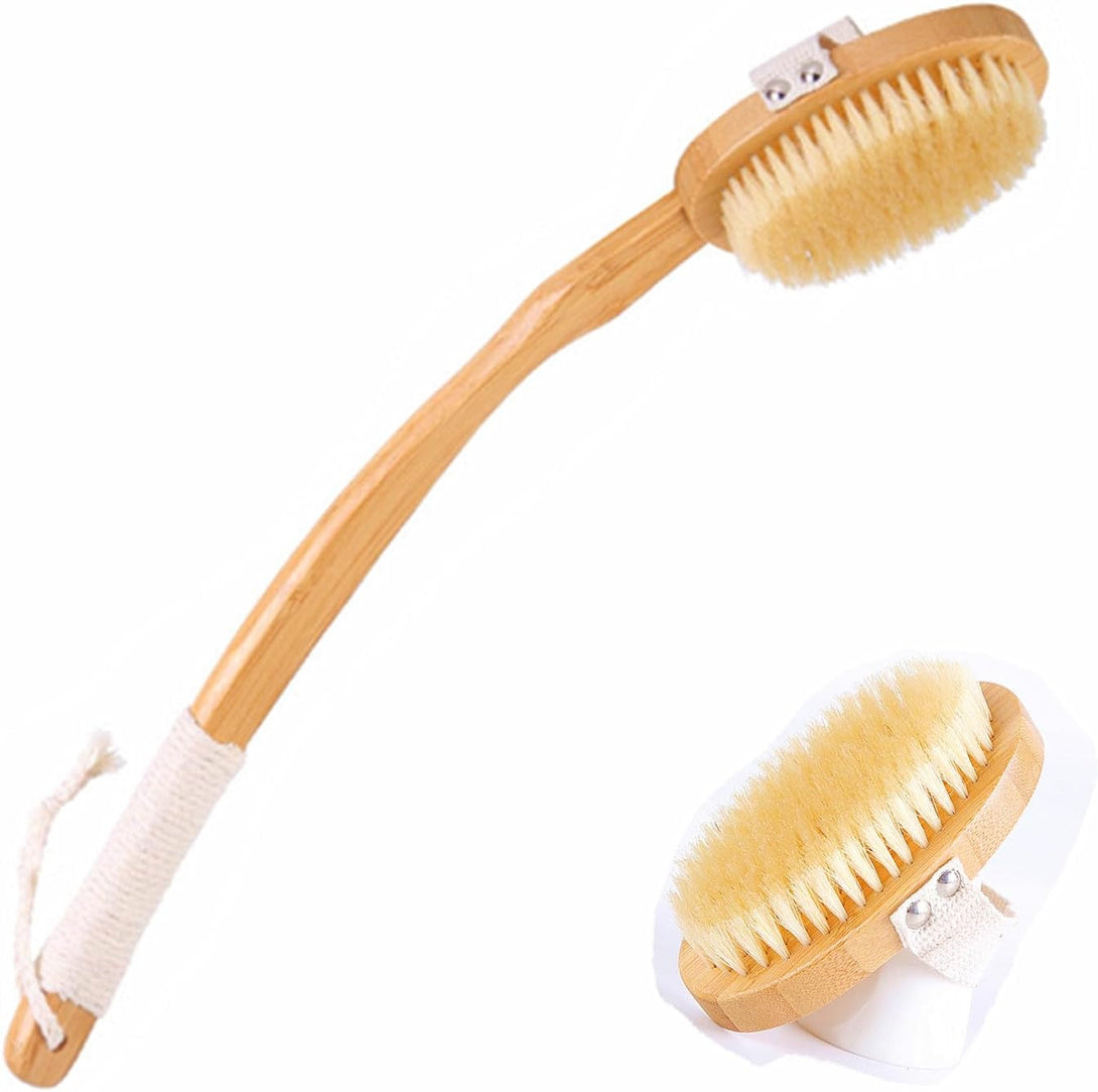Body Brush Back Scrubber,18.7 Inch Long Handle Detachable Body Brush with Dual Brushing Heads for Dry Brushing Shower, Bamboo Medium Firm Bristle Brush for Body Cellulite and Lymphatic (Beige)