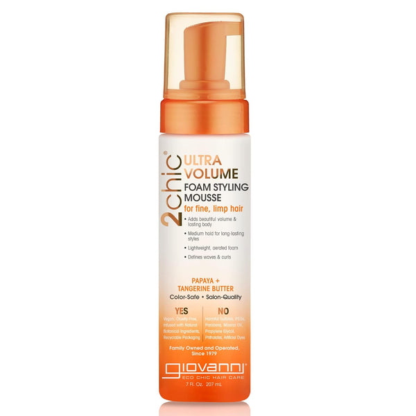 GIOVANNI 2Chic Ultra-Volume Foam Styling Mousse - Daily Volumizing Formula with Papaya & Tangerine Butter, Promotes Weightless Control for Fine Limp Thin Hair, No Parabens, Color Safe - 7 Oz