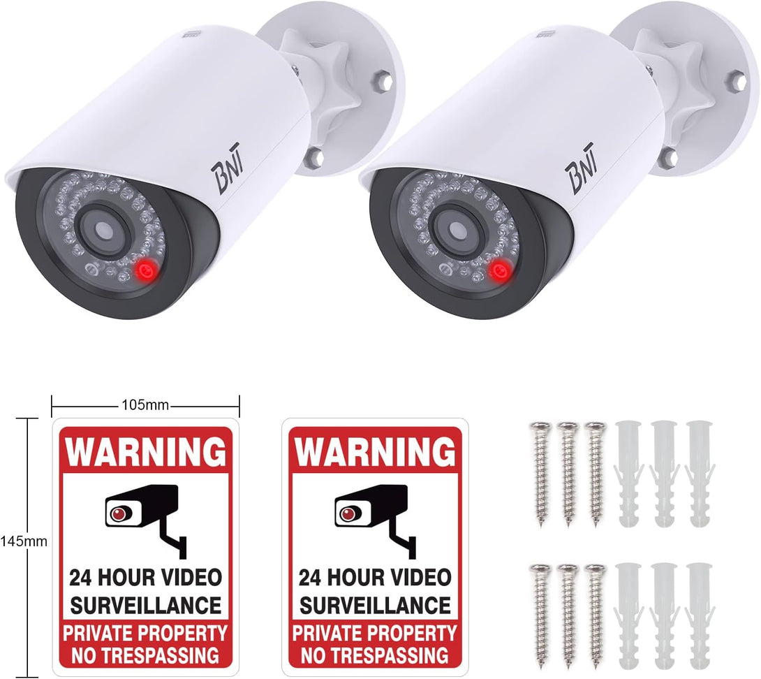 BNT Dummy Fake Security Camera, with One Red LED Light at Night, for Home and Businesses Security Indoor/Outdoor (2 Pack, White)