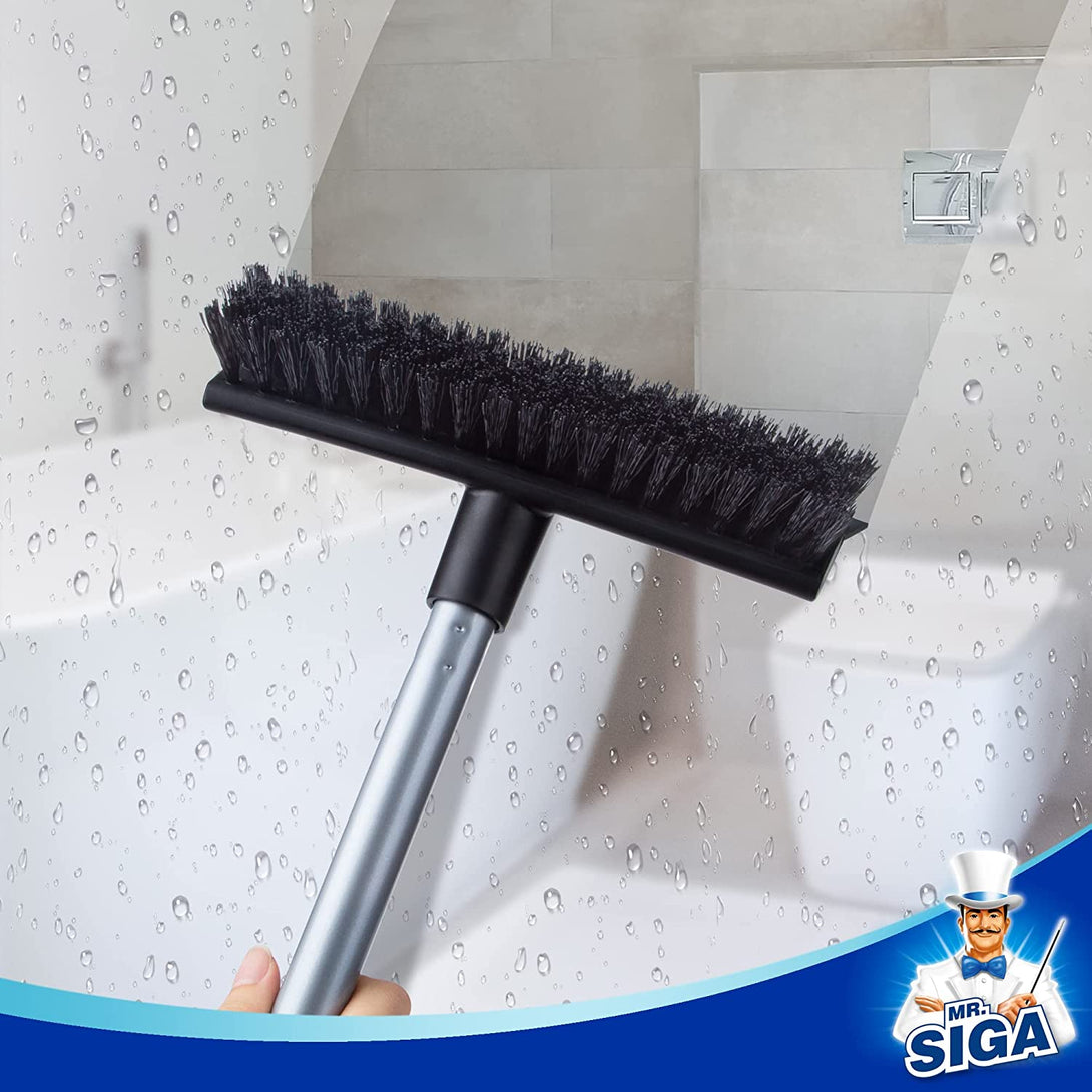 MR.SIGA Floor Scrub Brush with Long Handle, 2 in 1 Scrubber and Squeegee for Cleaning Bathroom, Patio, Garage, Wall, Tile with Stiff Bristles