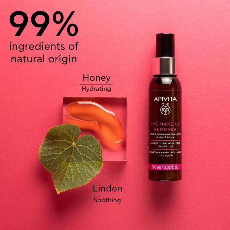 Apivita Eye Makeup Remover | Hydrating & Soothing Gentle Cleansing Milk with Linden & Honey, 100 Ml / 3.38 Oz