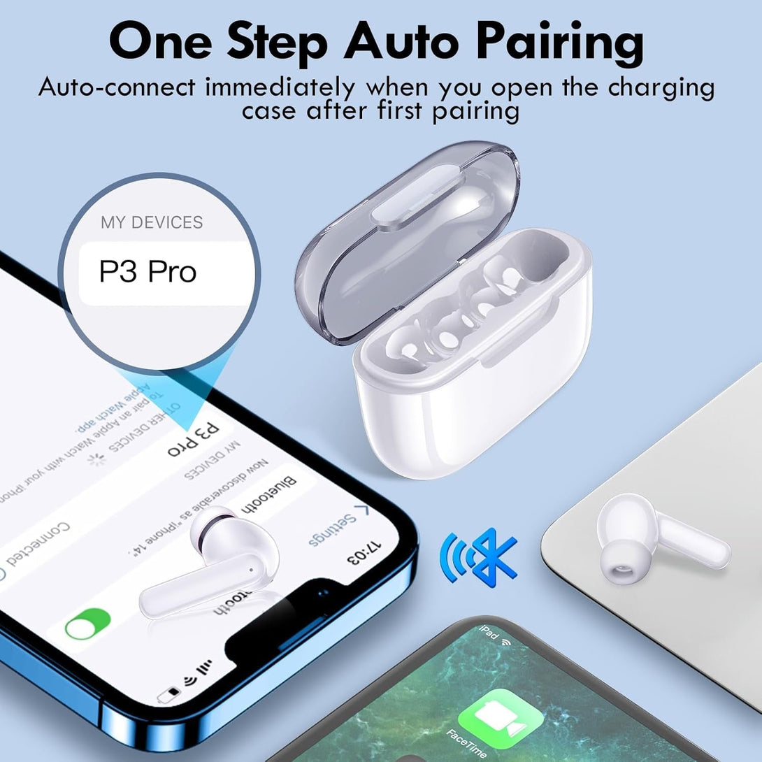 Kurdene Wireless Earbuds, Bluetooth 5.3 in Ear Buds Light Weight Headphones with Deep Bass Sound,48 Hours Playtime Headset,Clear Calls Earphones with Mics for Sports Workout White