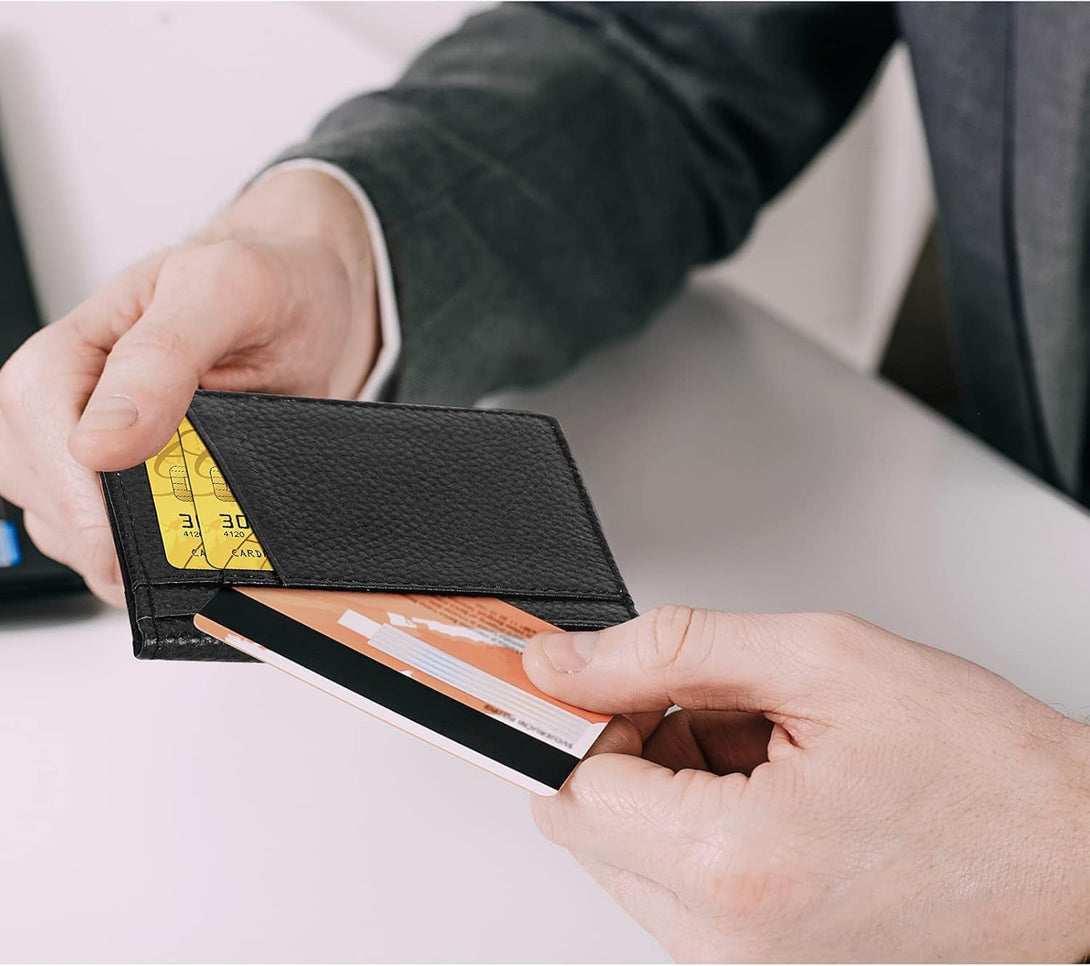 Unaone Slim Minimalist Wallet - Premium Leather RFID Blocking Front Pocket Wallets with 8 Card Slots and 2 ID Window, Black