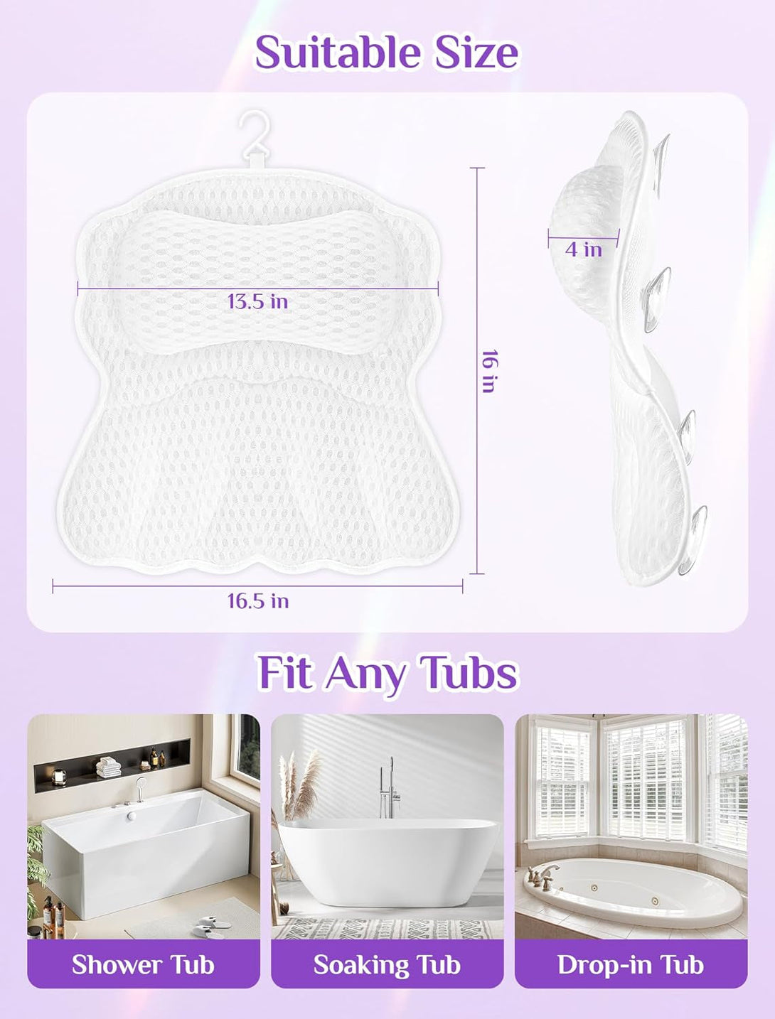 Bath Pillow Luxury Bathtub Pillow, Gliship Bath Tub Pillows for Head and Neck, Bath Cushion for Tub with Soft 4D Air Mesh Fabric 6 Non-Slip Suction Cups, Fit All Tub Relaxing Bath Accessories Spa Gift