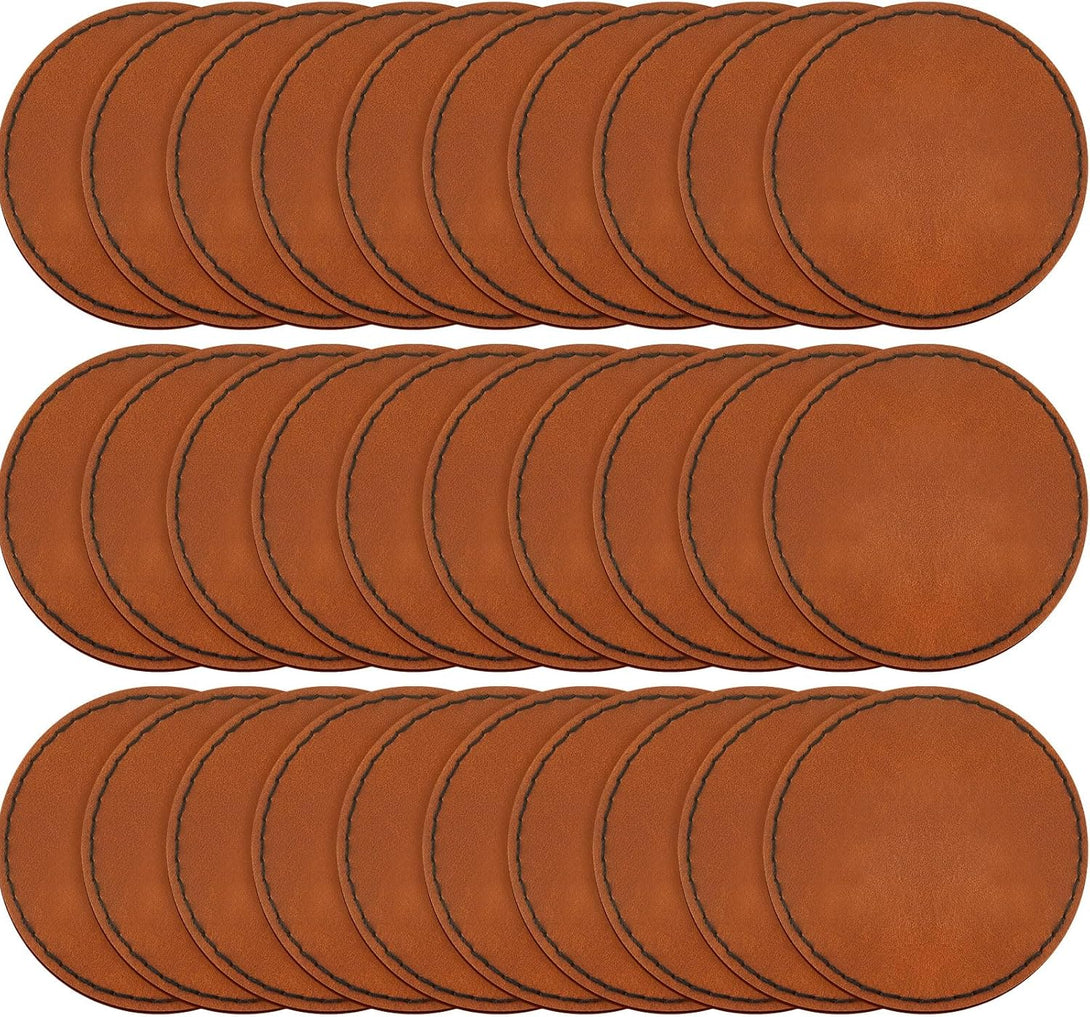 Dunzy 30 Pcs Blank Leather Hat Patches with Adhesive round Laserable Leatherette Patch Faux Leather Patches Glowforge Laser Supplies for Hats, Jackets, Backpacks (Brown)