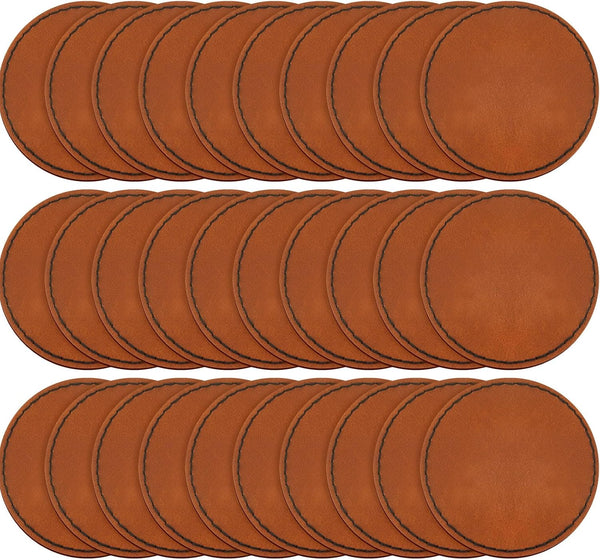 Dunzy 30 Pcs Blank Leather Hat Patches with Adhesive round Laserable Leatherette Patch Faux Leather Patches Glowforge Laser Supplies for Hats, Jackets, Backpacks (Brown)