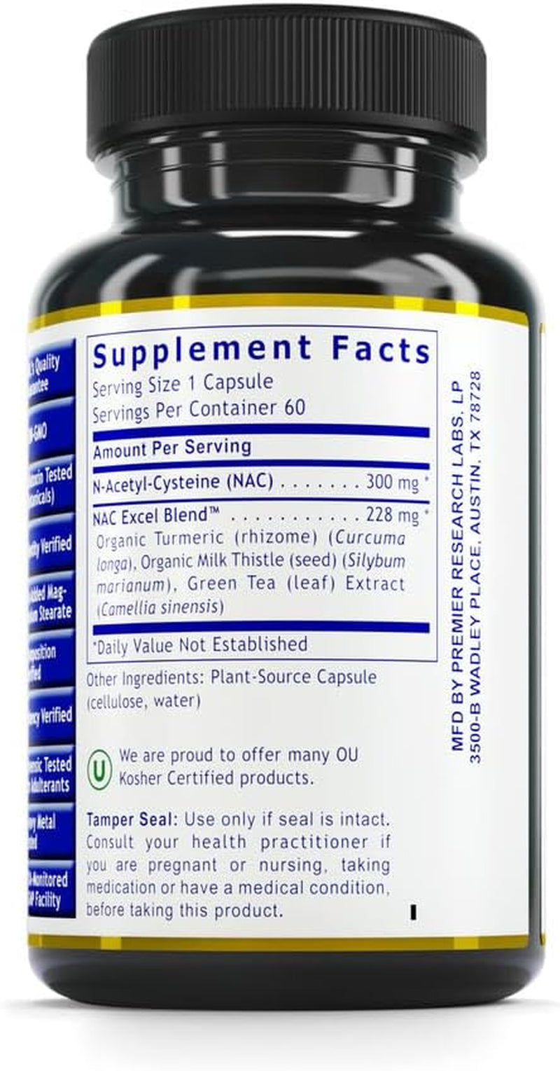 Premier Research Labs Premier NAC - NAC Supplement N-Acetyl Cysteine, N-Acetyl-L-Cysteine, Liver & Immune Support, 300Mg NAC per Capsule - 60 Vegetarian Capsules