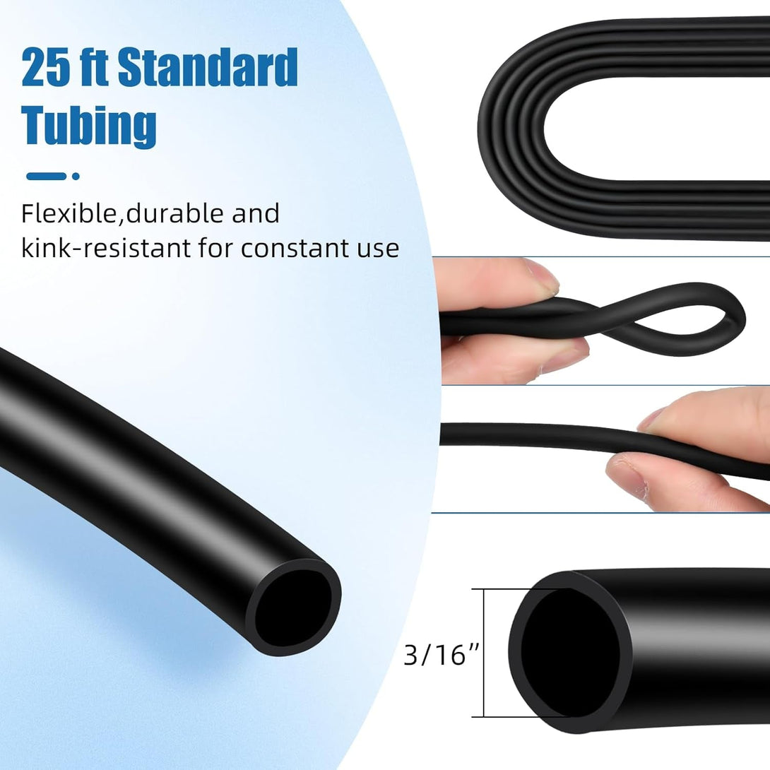 AQUANEAT 25 Feet Aquarium Airline Tubing, Standard 3/16" Tubing, Air Pump Accessories,With Air Stones, Check Valves, Suction Cups and Connectors (Black)