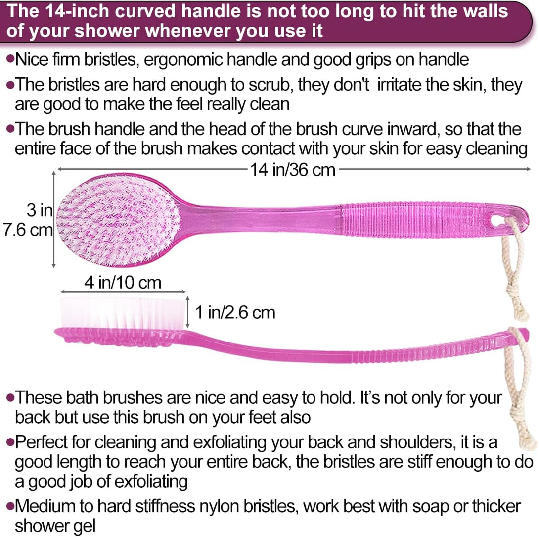 Back Bath Brush - Curved Long Handle Shower Brush with Medium Stiff Bristles for Exfoliating Body, Back Scrubber for Men & Women (Pink 2 Pack)