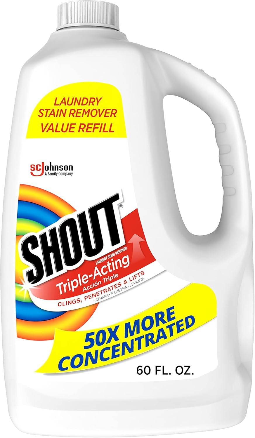 Shout Active Enzyme Laundry Stain Remover Spray, Triple-Acting Formula Clings, Penetrates, and Lifts 100+ Types of Everyday Stains - Prewash Refill 60Oz