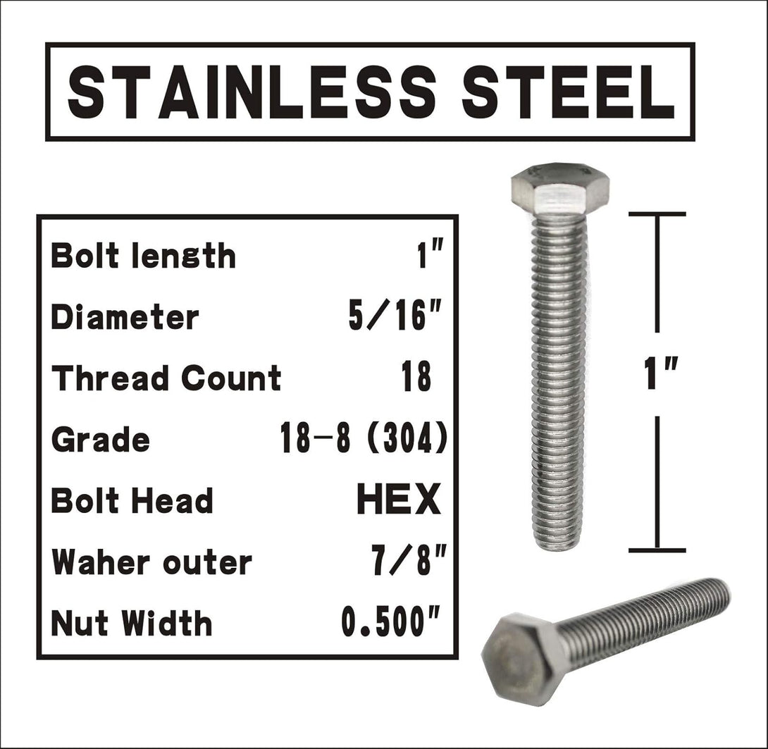 (10 Sets) 5/16-18X1" Stainless Steel Hex Head Screws Bolts, Nuts, Flat & Lock Washers, 18-8 (304) S/S, Fully Threaded by Bolt Fullerkreg