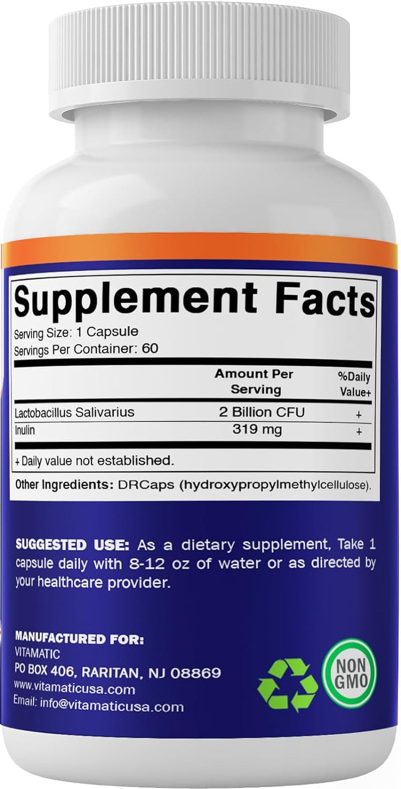 Vitamatic Lactobacillus Salivarius 2 Billion per DR Capsule - 60 Count - Digestive Support - Made with Prebiotic Inulin Fiber (1 Bottle)