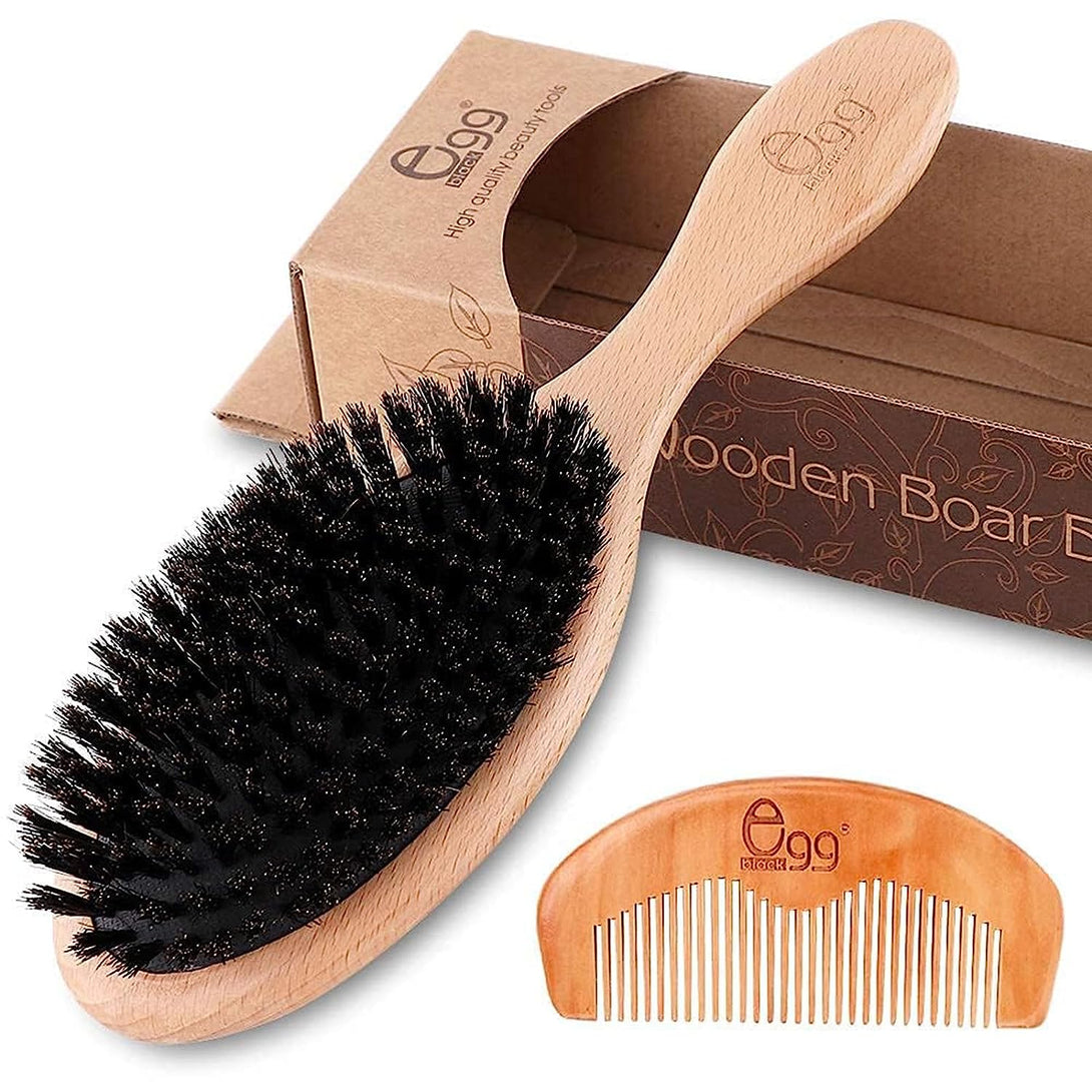 BLACK EGG Boar Bristle Hair Brush for Women Men Kid, Soft Natural Bristles Brush for Thin and Fine Hair, Restore Shine and Texture, Set Includes Bamboo Comb and 3 Hair Ties