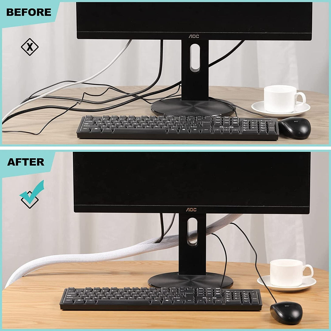 AGPTEK White Cable Sleeve Cover, 2 Pack 5Ft - 1.2 Inch Cord Management Wire Organizer under Desk, Home Office Computer Wire Cover Hider Cord Protector, Protect Pet Cat Dog from Chewing, White