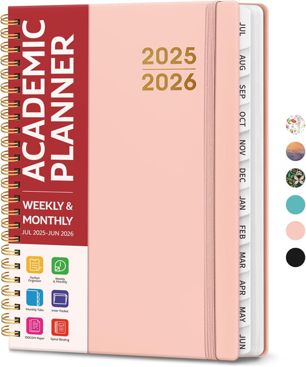 Academic Planner 2025-2026 for Women & Men, Monthly and Weekly Calendar Planner, Jul 2025 - Jun 2026, A5 (6.3" X 8.5"), Teacher Student Planning Book with Tabs, Ideal for Office School Supplies - Pink
