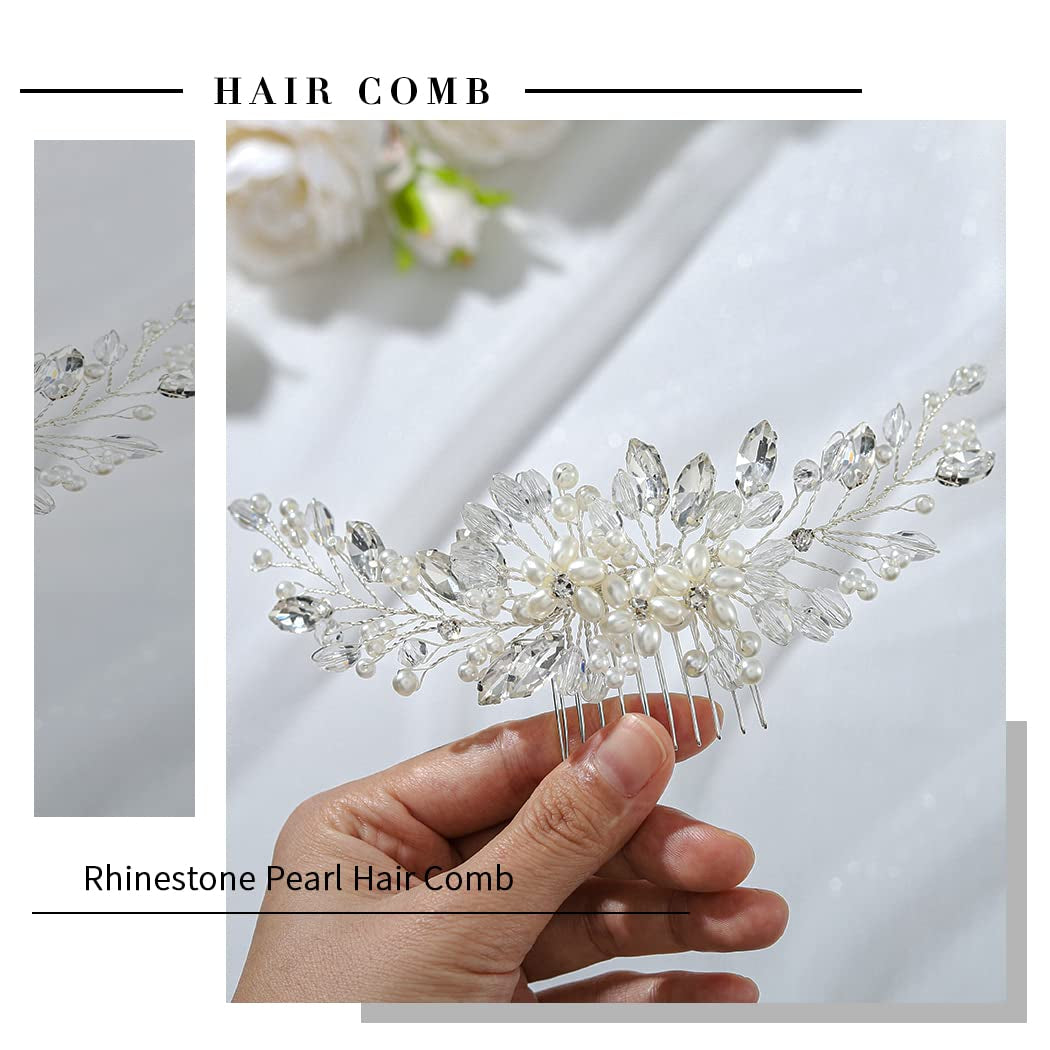 Wedding Hair Combs Silver Flower Hair Comb Pearl Bridal Hair Piece Crystal Bride Hair Accessory for Women and Girls