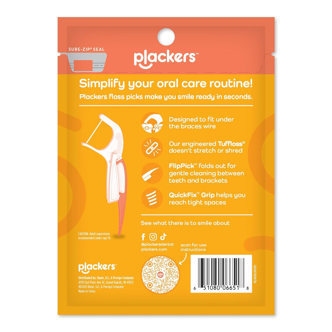 Plackers Orthopick Floss Picks, Unflavored, Designed for Braces, Fold-Out Flippick, Tuffloss, Easy Storage with Sure-Zip Seal, 36 Count (4 Pack)