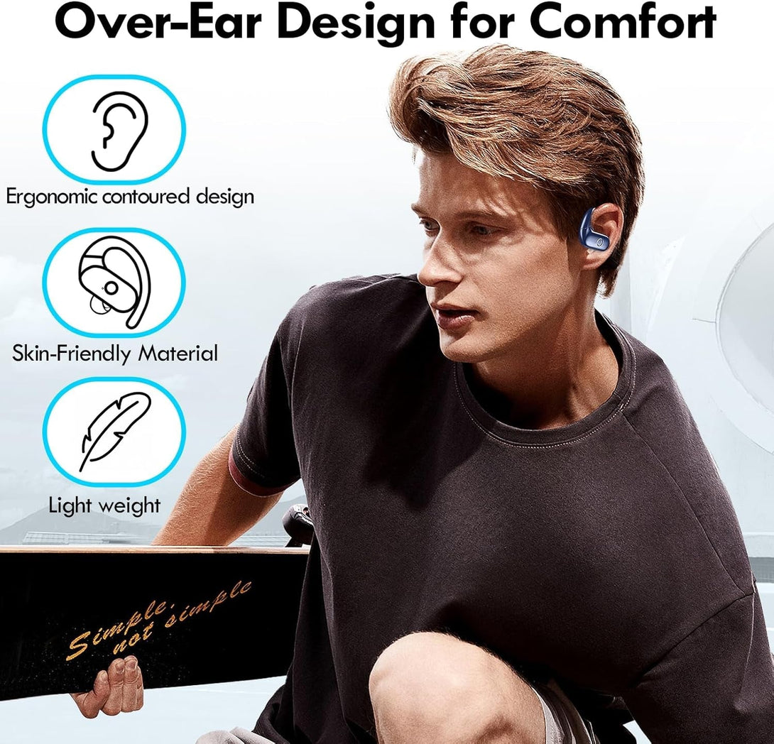 Kurdene Wireless Earbuds Bluetooth Headphones Sport,Over Ear Buds with Deep Bass Sound,60Hrs Playtime Earphones Redesigned Comfort Fit with Earhooks for Running,Meeting,Workout-Blue