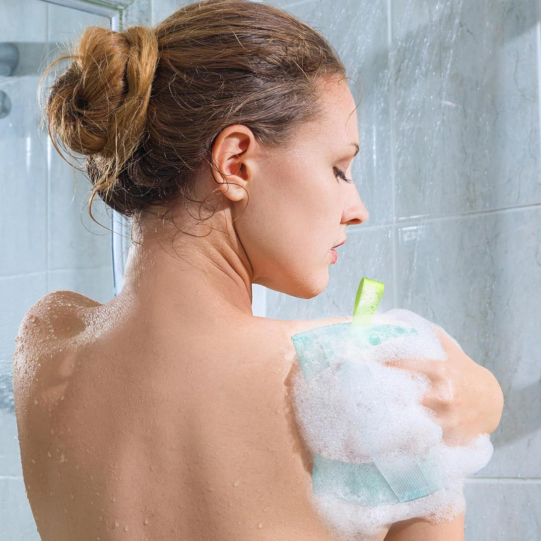 Evridwear Exfoliating Bath Sponge, Daily Skincare Body Scrubbers Loofah Shower Pads with Strap for Body Cleansing, Dead Skin Cell Remover, 3 Count Value Pack(Macaroon)